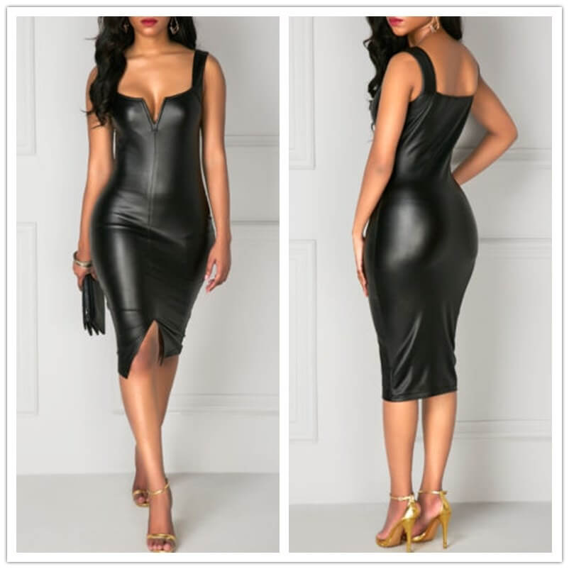 Black bodycon leather dress